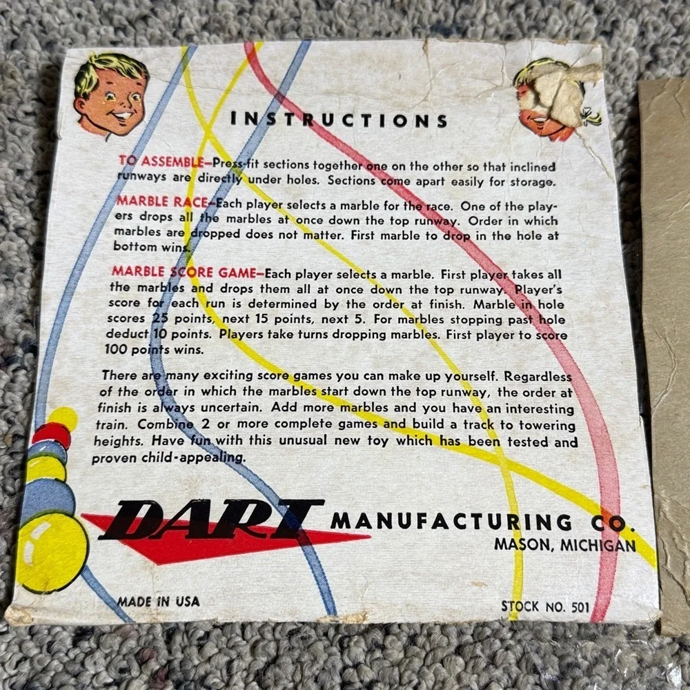 Vintage 1970’s Marble Race Game by Dart Manufacturing Co Stock No 501 Mason MI